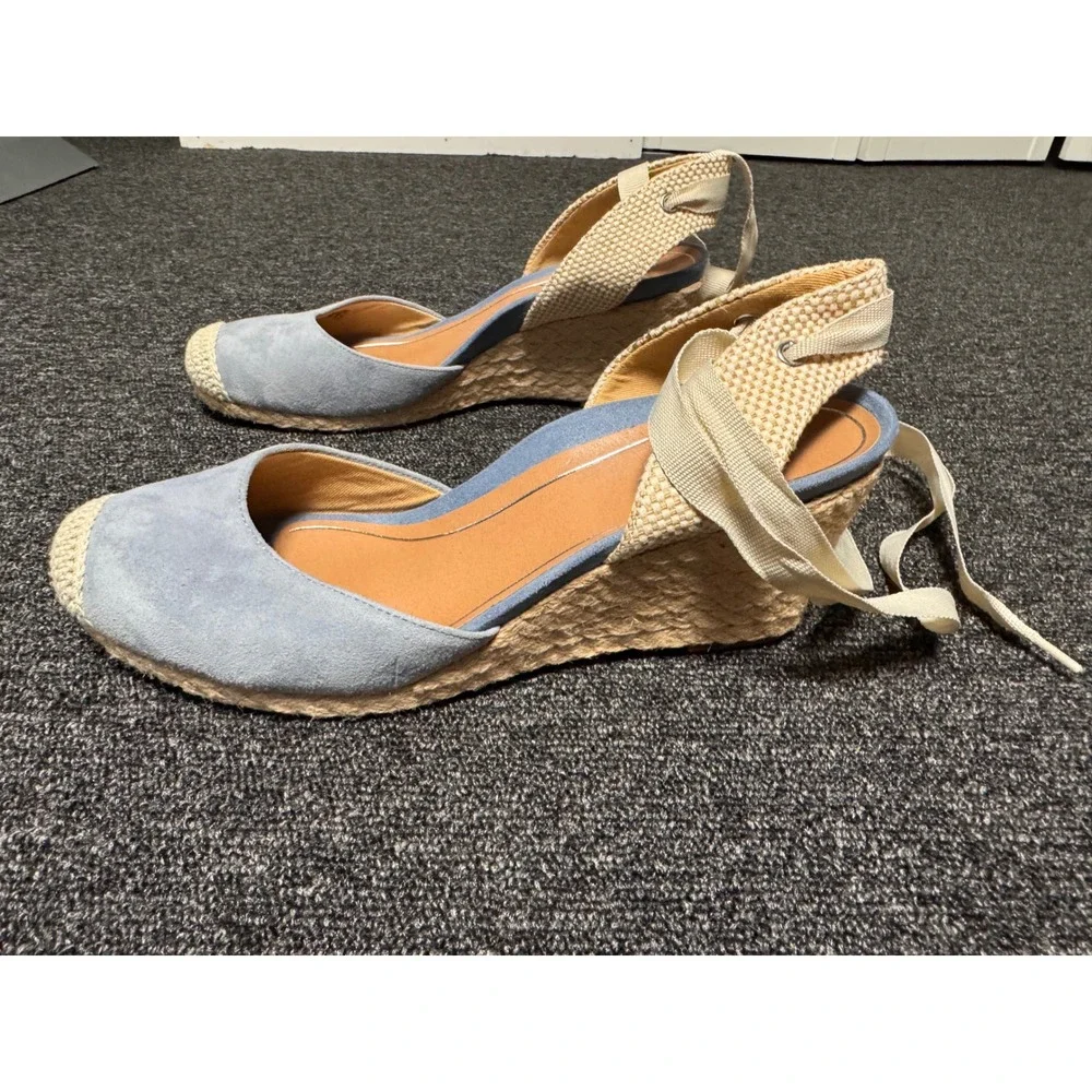 Vionic Maris Light Blue Suede Ankle Tie Espadrille Wedge Sandals Womens 10